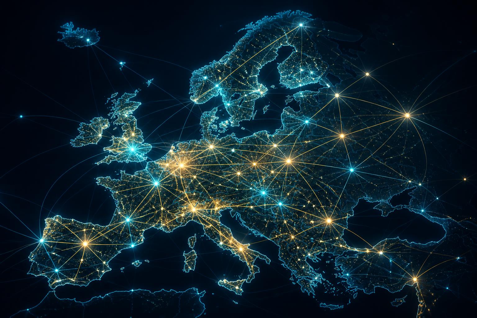 Abstract visualization of European interconnected network with luminous nodes